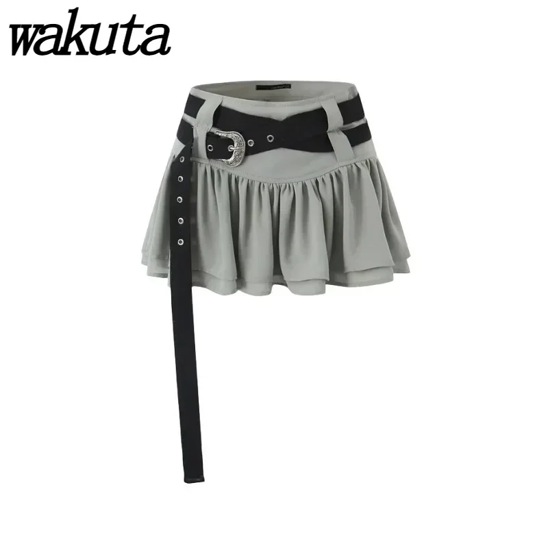 WAKUTA Spice Girls Double Belt Pleated Half Skirt Women Design Sense Splicing Pleated Anti-Walking A-line Ultra Short Skirt 2024