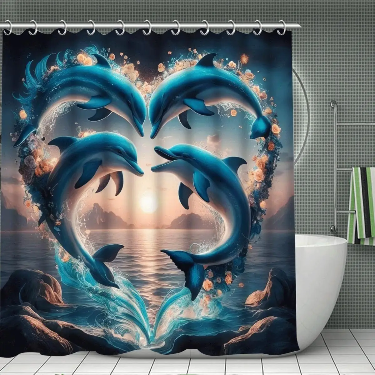 1/3/4Pcs Set of Dolphin Rose Shower Curtain Set, Waterproof Shower Curtain with 12 Hooks, Non-Slip Bathroom Rug, Toilet U-Shaped Mat, Toilet Seat Mat, Bathroom Decoration, Bathroom Shower Curtain Set