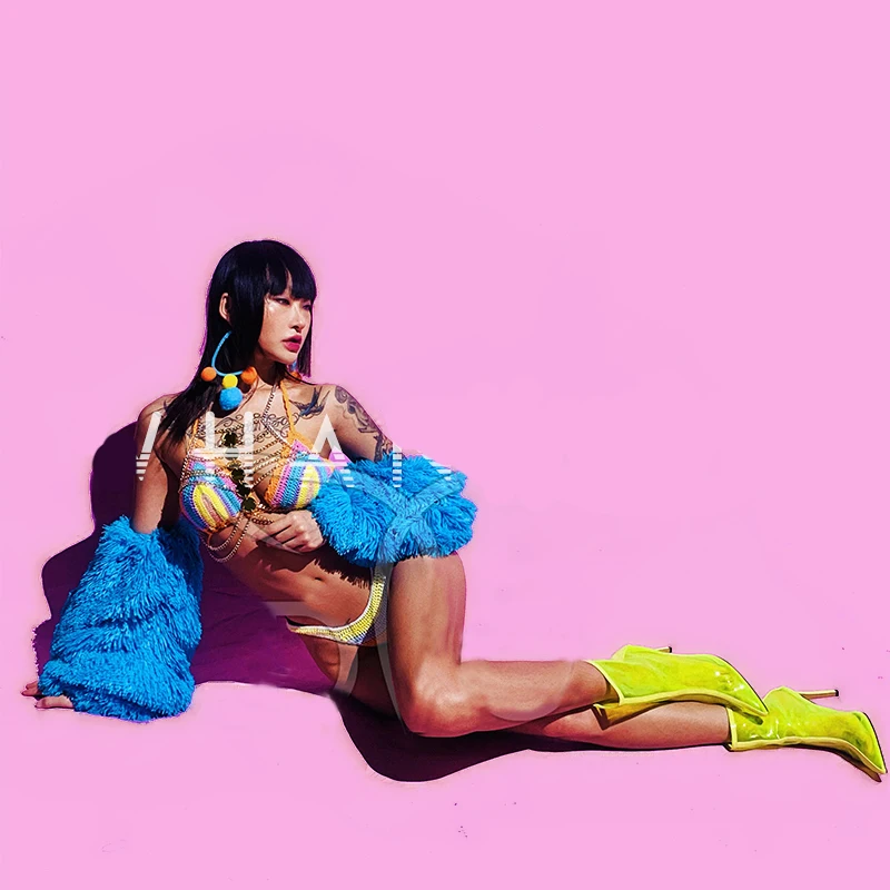 2025 cukierkowy kolor seksowne bikini kostium taneczny na rurze pluszowy rękaw klub nocny Gogo taniec sceniczny ubrania Rave odzież festiwalowa yj115