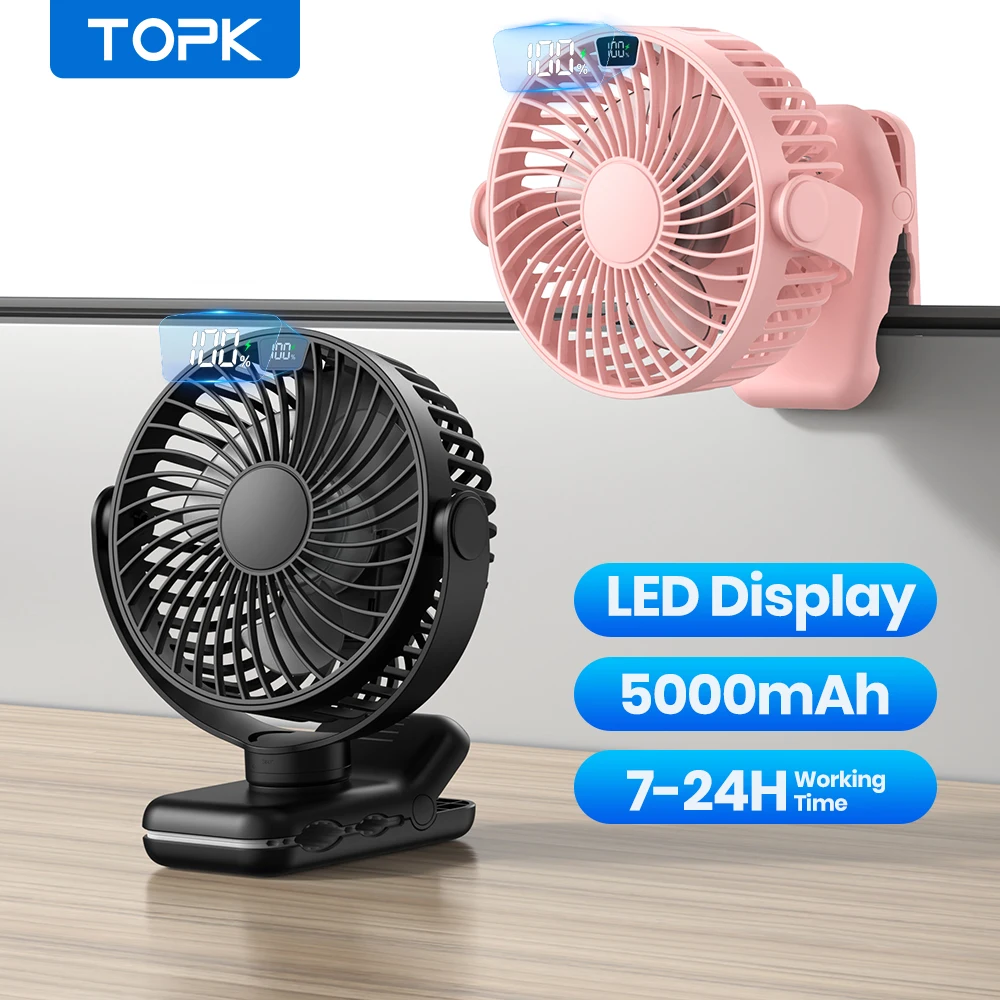 TOPK Clip on Fan 5000 mAh Akumulatorowy mały przenośny wentylator stołowy z klipsem i wyświetlaczem LED 720 °   Obrót wyjątkowo cichych wentylatorów biurkowych