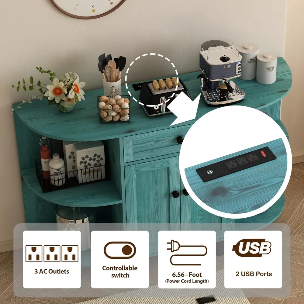 خزانة بوفيه جانبية مع مخرج طاقة، خزانة مطبخ قائمة بذاتها مع مساحة تخزين، بار قهوة مميز مع أبواب، أزرق عتيق