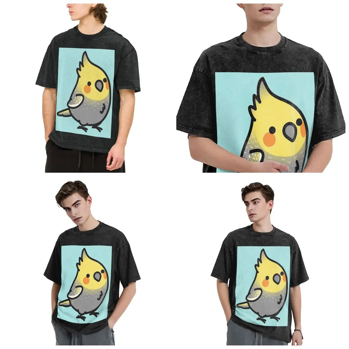 Chubby Pearl Cockatiel Hip Hop Short Sleeve T-Shirts Washed Tops Tees Streetwear T Shirt Vintage for Men Women