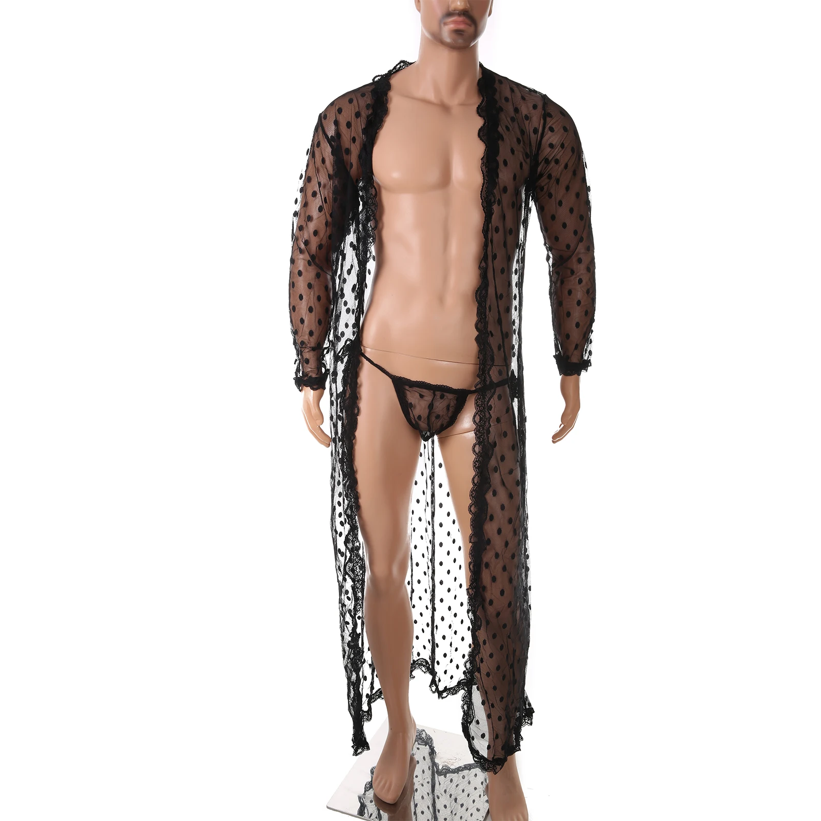 

Men Robe Long Sleeves Bathrobe Kimono Mens Pajamas Lace See-through Bathrobe Night Dressing Gown With Jockstrap Thong Set