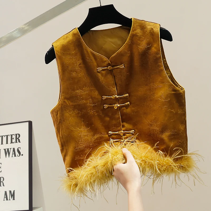 

Новая китайская модная женская жилетка с тяжелой отделкой перьями, на пуговицах, в корейском стиле, трендовая одежда