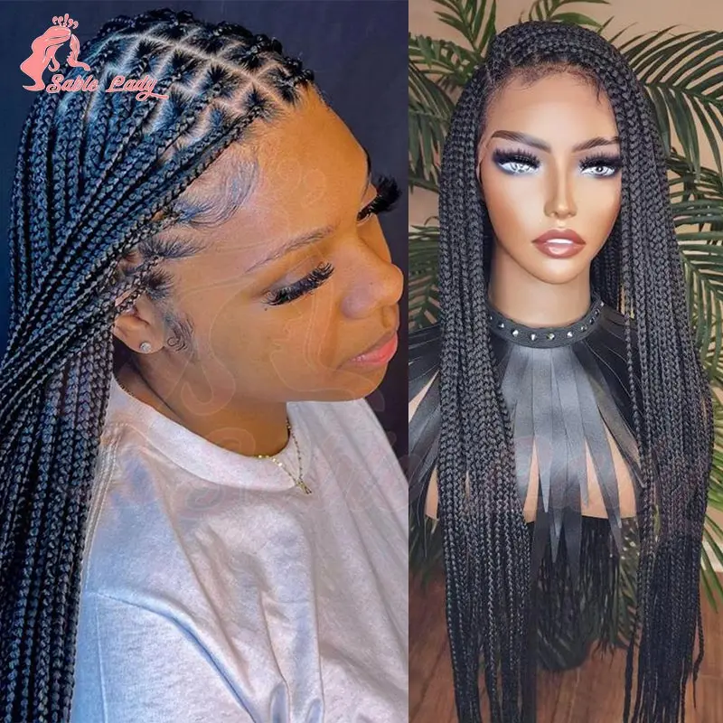 

36-дюймовый полный парик с кружевной косой, синтетический косинок, плетеный парик без узлов, косички для чернокожих женщин, афро-богиня, плетеный парик ручной работы