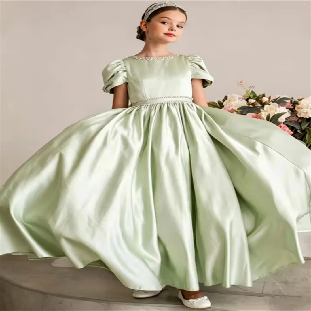 Mint Green Satin Flower Girl Dress Puff Sleeve Rhinestone Neck Big Bow Back Long Ball Gown Kids Formal Party Dresses For Wedding