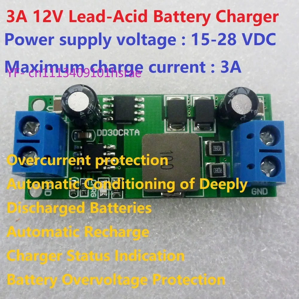 1-1000Ah 3A 12V Lead-Acid Battery Charger, 15-28V Input Over-Charge 14.8V Float-Charge 13.55V for UPS Car Solar System