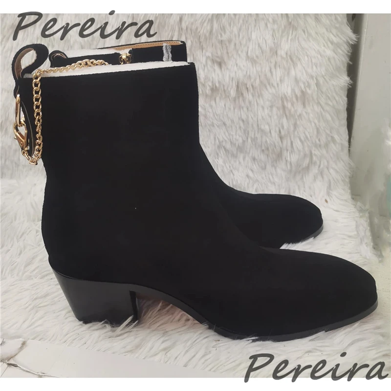 Men Suede Ankle Boots Gold Chain Black Red Velvet Pointed Toe High Heel Shoes Luxury Genuine Leather Side Zipper Chelsea Boots view 5