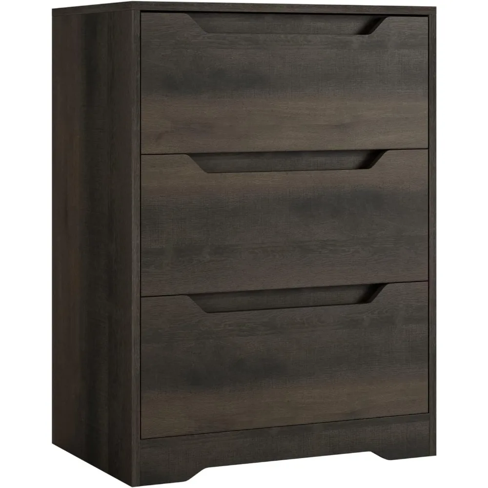 Modern 3-drawer Dress, Wooden Box with Storage Drawers, High Bedside Table with Hollowed Out Handles, Dark Brown