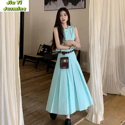 Women's 2024 New Summer French Simple Green Design Sleeveless Pleated Tank Top Half Skirt