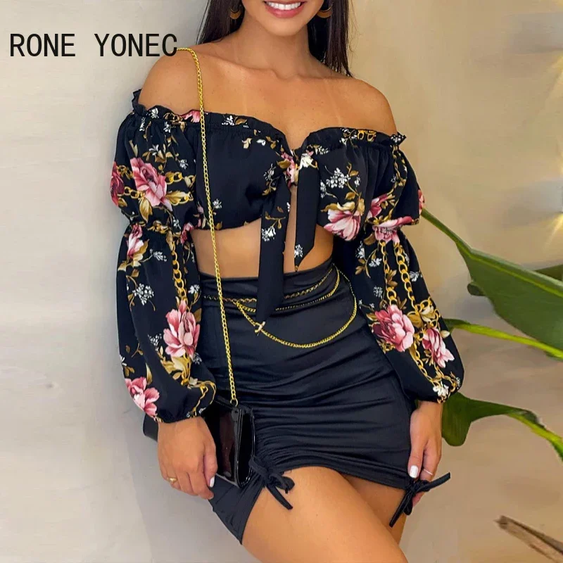 Women Chic Slash Collar Lantern Sleeves All Over Print Crop Top & Solid Pattern Shirring Bodycon Skirt Sets