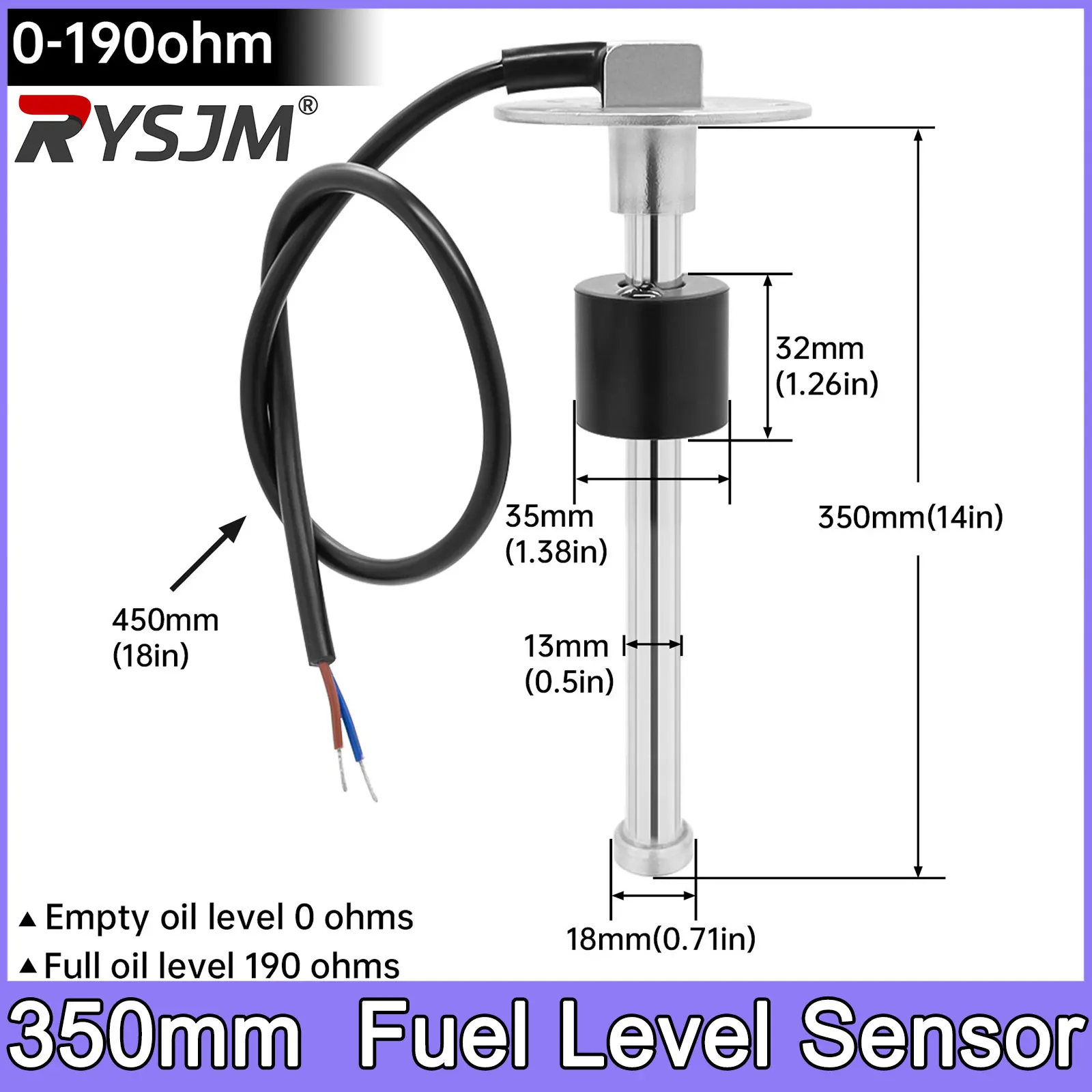 

1pc 350mm Sensor Water Fuel Level Gauge Sensor 0~190 ohm Marine Boat Yacht Car Oil Liquid Tank Fuel Sender Unit Sensors