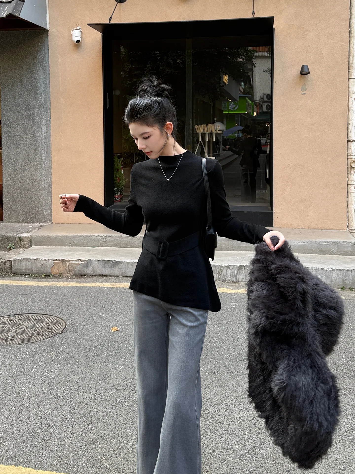 

Wenrui Jang Woolen Knitted Sweater Women's High Collar Tied Top Base Layer irt mat Sle Medium Softn Polyester