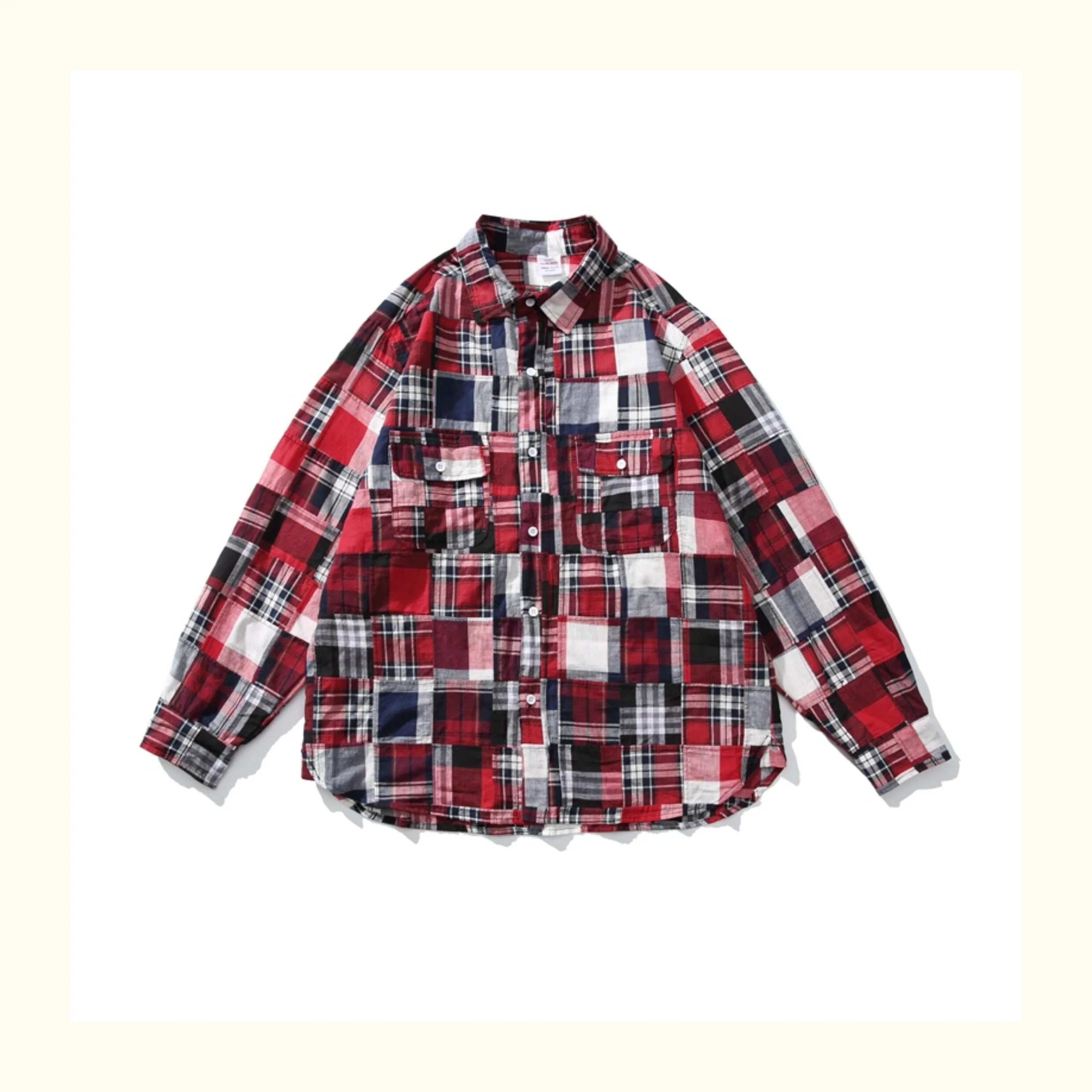 Sakai Kouiti Original Checkered Patchwork of Various Fabrics Japanese-style Vintage Red Casual Shirt