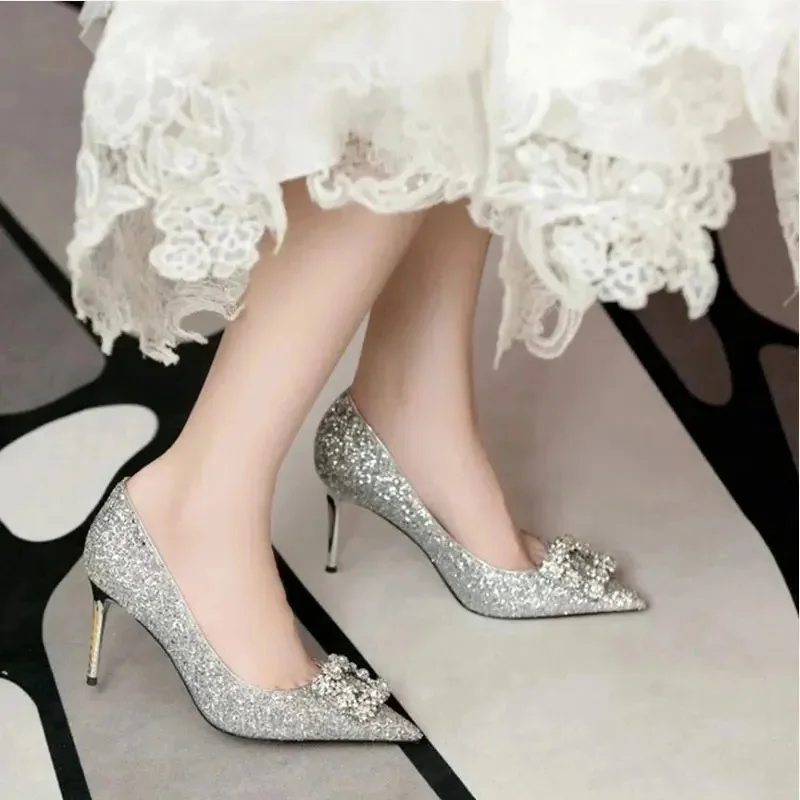Womens Handmade New Arrival Stiletto Heel Dress Wedding Pumps Pointed-toe Large Size Slip-on Glitter Evening Party Fashion Shoes