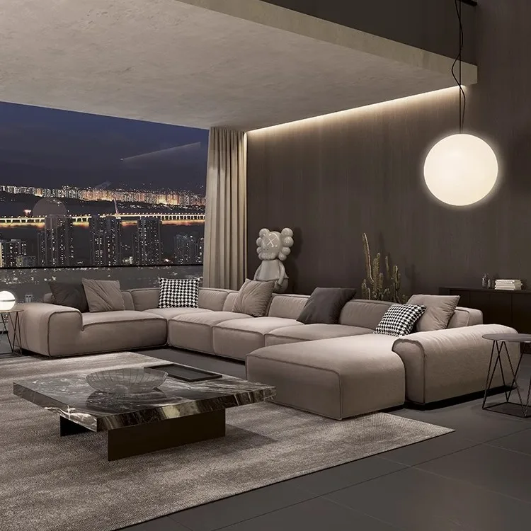 Technologiedoek, matte stof, geheel van leer, eerste laag koeienhuid van internetberoemdheid, minimalistische bank