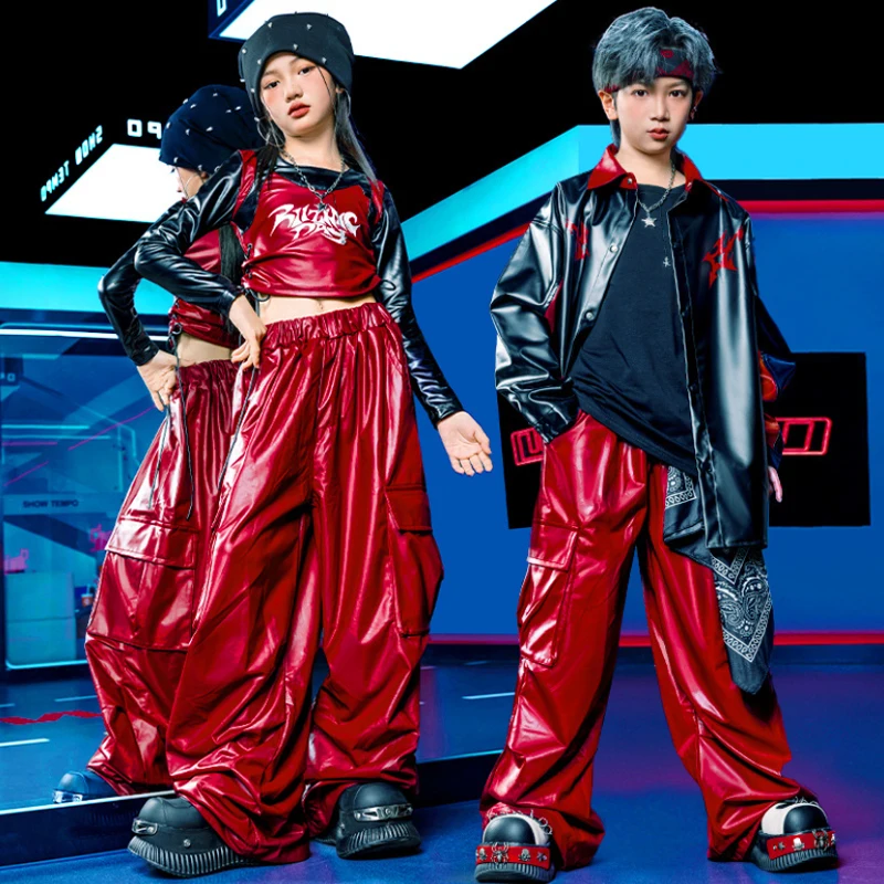 Kid Hip Hop Clothes Boys Girls Jazz Dance Show Outfit Black Shirt Red Shuffle Pants Street Dance Performance Stage Wear VDL4861