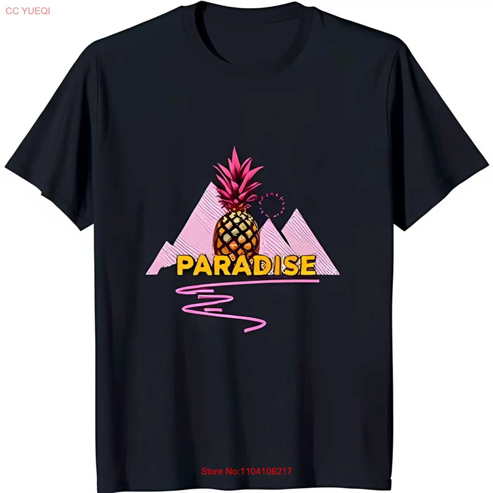 

Черная футболка с рисунком ананаса и розовых гор "PARADISE"