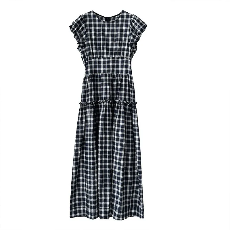 

Retro bubble sleeves, plaid dress, waist dress