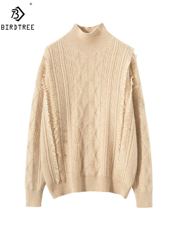 BirdTree, Cashmere Wool Elegant Sweaters, Women Mock Neck Fringe, Fashion Casual Versatile Sweater, 2024 Autumn Winter T48626QM