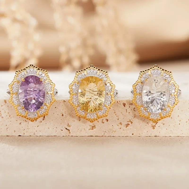 S925 sterling silver natural color treasure large amethyst citrine ring women's personality advanced sense live broadcast