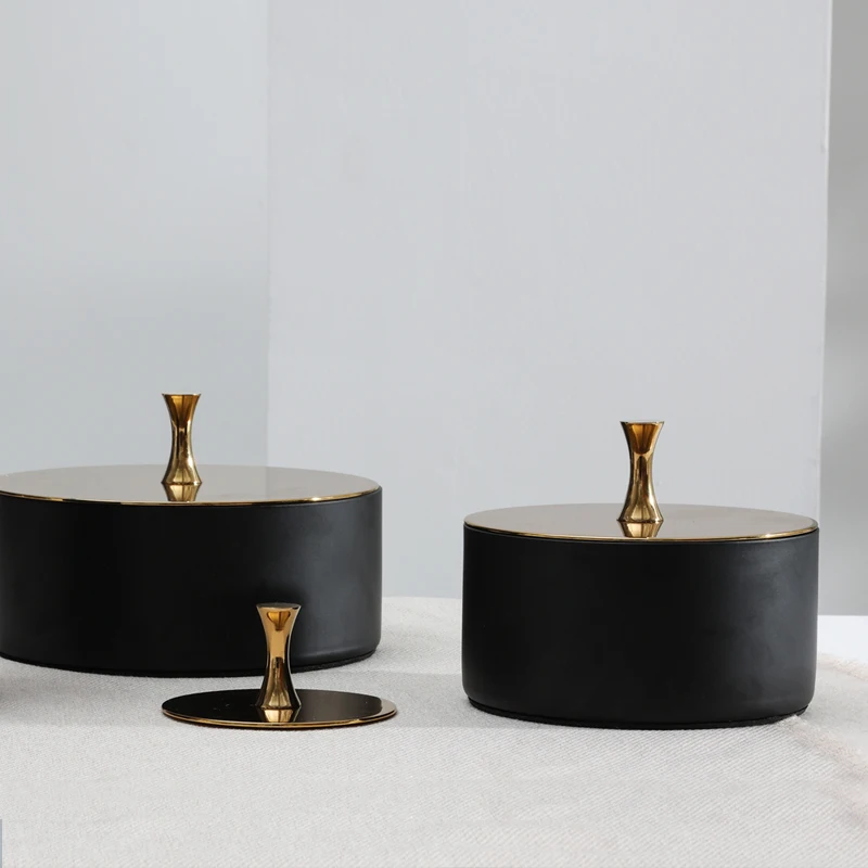 Modern Light Luxury Black Gold Alloy Storage Tank with Lid Storage Box Living Room Coffee Table Desktop Home Decorations