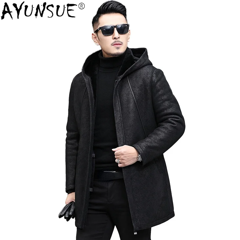 Natural Fur Jacket Male Genuine 100% Wool Coats Winter Men's Hooded Sheepskin Leather Jackets Casaco Masculino Gm363