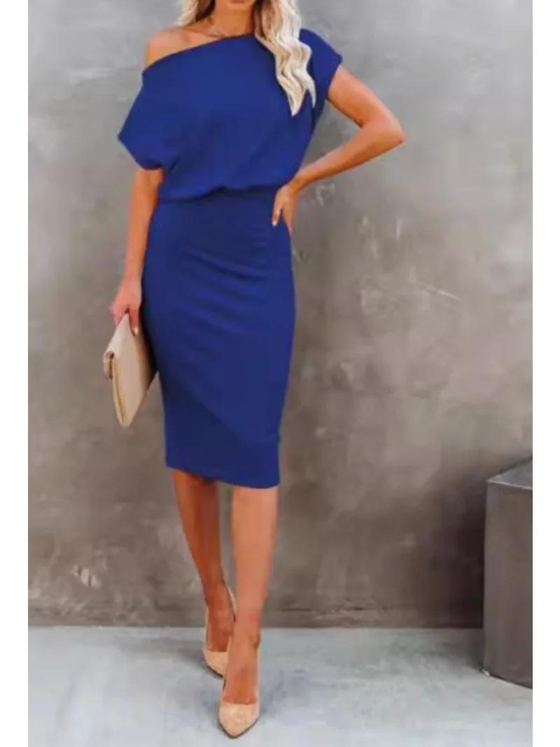 Damen One Line Neck modische schulter freie Taille einfarbiges Kleid taillen langes knielanges Kleid