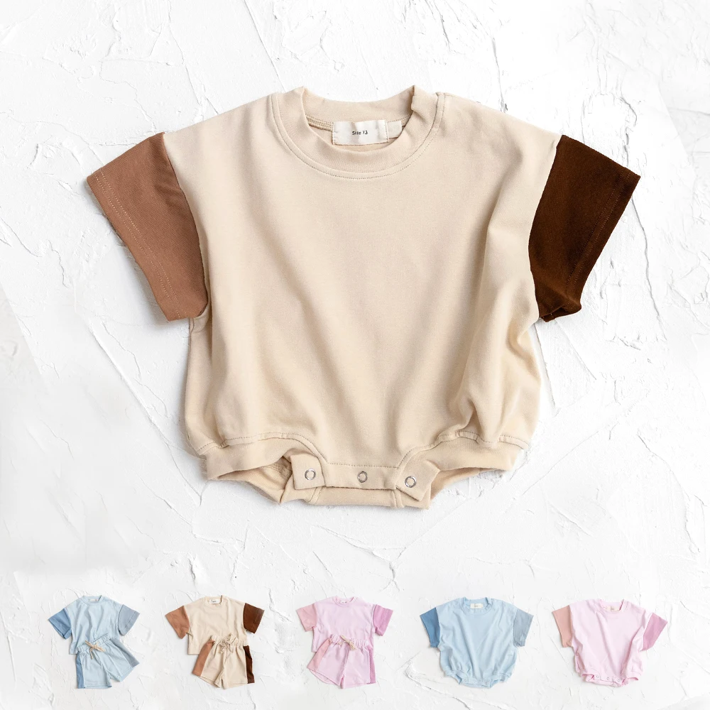 New Summer Leisure Creeper Korean Edition Boys' and Girls' Short Sleeve Bodysuit Newborn Fashion Contrast Color Baby Clothing