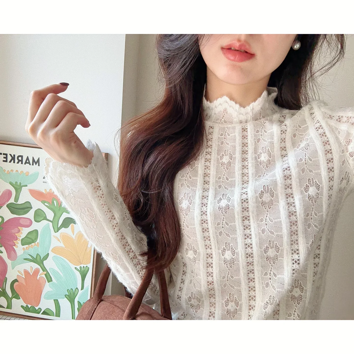 

Женская базовая блузка Ele Wendy с кружевом, ажурным узором, длинным рукавом и высоким воротником, из смесовой ткани (полиэстер и шерсть)