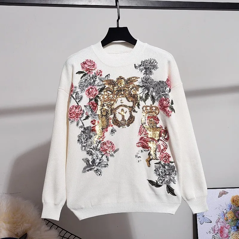 Sequins Flower Embroidery Knitted Tracksuits Women Black White Outfits Autumn Fashion Loose Knit Sweater Long Pants Set Female