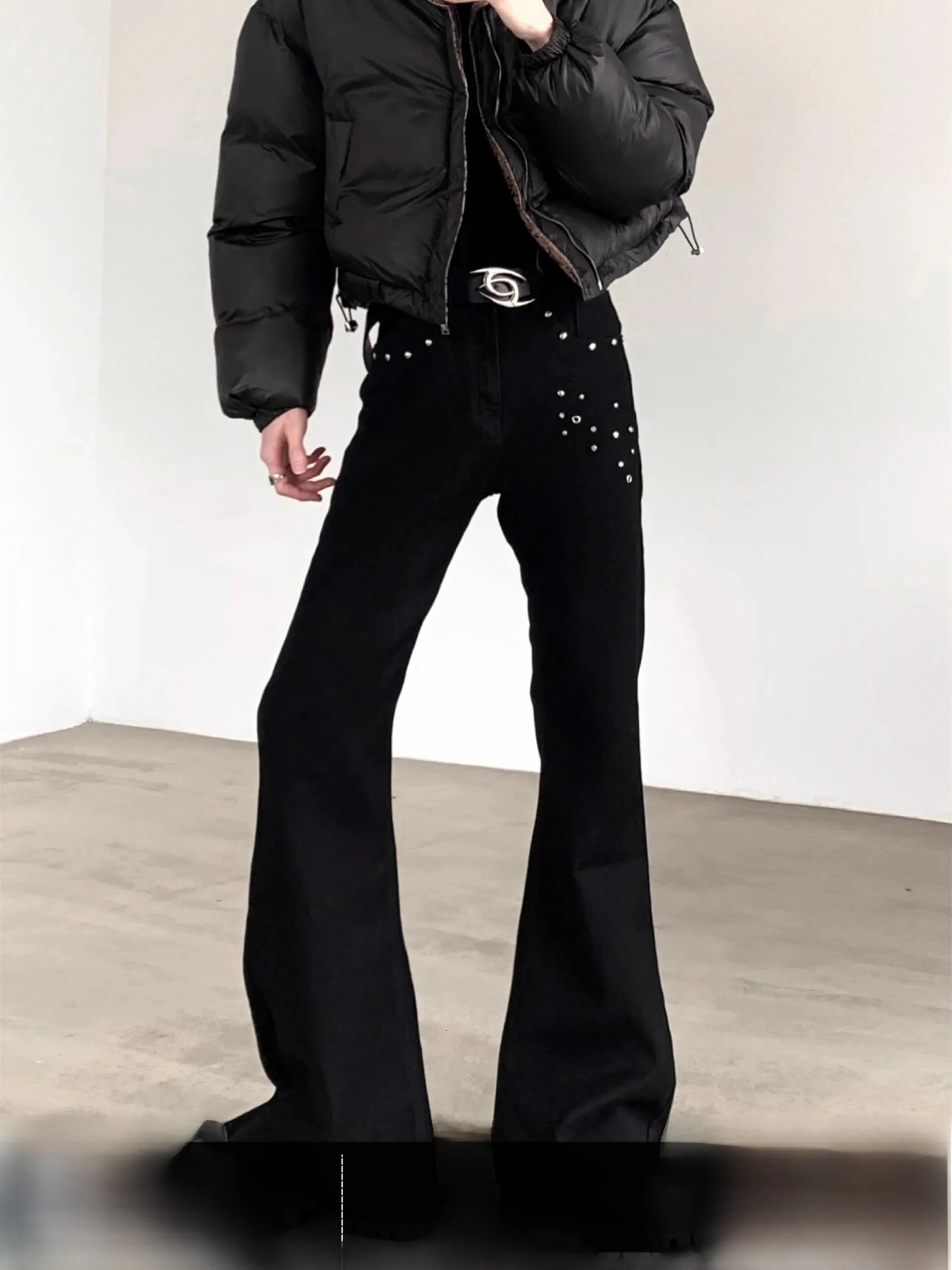 Black High Waist Skinny Jeans Men's Distressed Rhinestone Embellished Bell Bottoms Trendy Design Casual Wear Youth Fashion