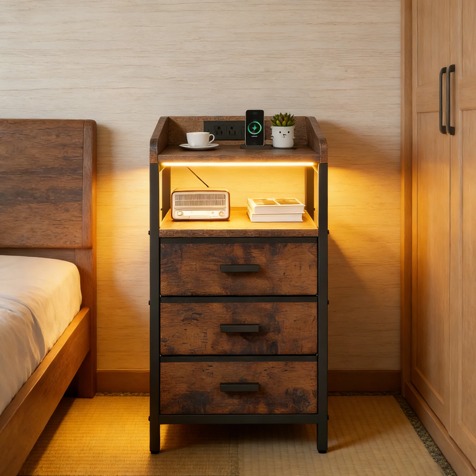 

Night Stand with Charging Station and Light Bedside End Table with 3 Fabric Drawers 2 USB Ports and Outlets for Bedroom Rustic