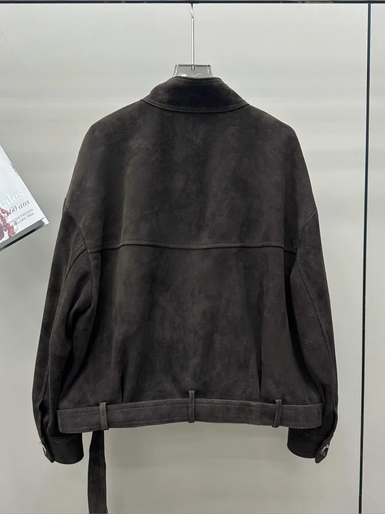 المرأة الخريف Vintage سترة جلدية حقيقية الوقوف طوق فضفاضة تناسب عالية الجودة جلد الغنم الحقيقي معطف من جلد الغزال الشارع الشهير ملابس خارجية