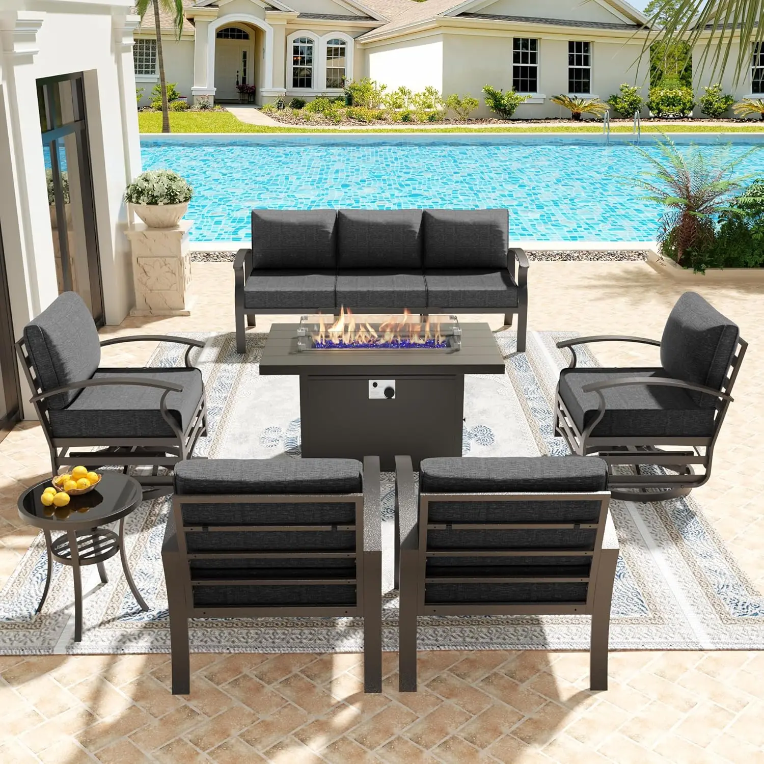 

Patio Furniture Set,7 Seat Metal Outdoor Furniture Conversation Set Propane Gas Fire Pit&Swivels