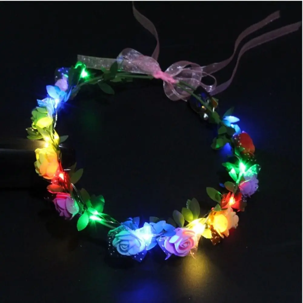 

Fashion Vintage Rose Flower Headwear Wedding Luminous Women Headwear Crown Flower Headband LED Light Garland Wreath Decoration