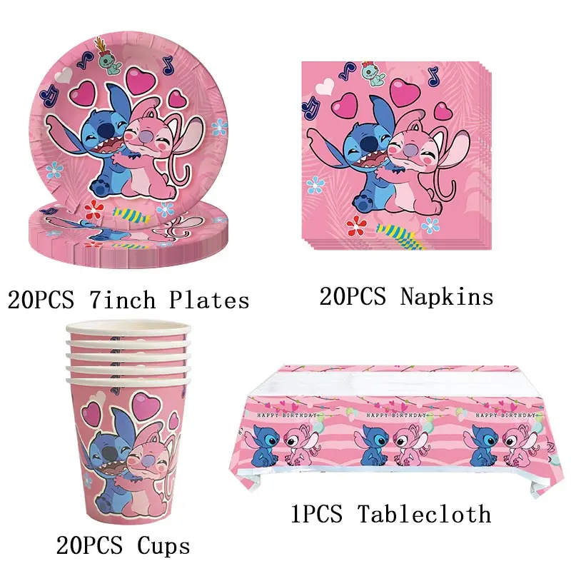 Lilo And Stitch Birthday Decoration Disney Pink Stitch Party Theme Tableware Set Angel Balloons Happy Supplies Kids Girl Favors