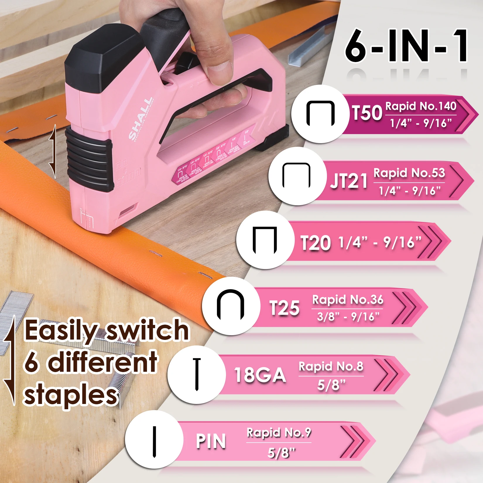 SHALL Pink/Blue Nail Gun 6-in-1 Upholstery Stapler with 4000Pcs Staples& Stapler Remover Dual Power Staple Gun Home DIY Tools