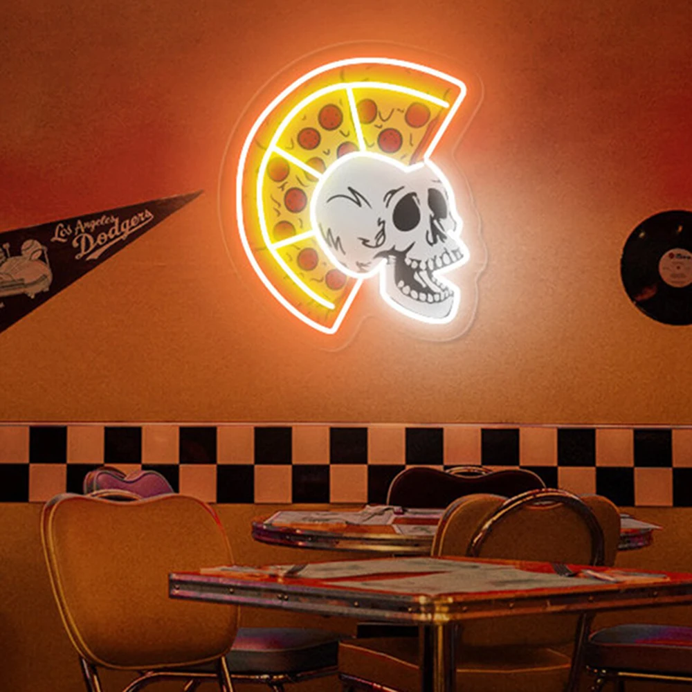 Skull Pizza Sign Punk Rock Art Pizza Slices Neon Light Restaurant Pizza Store Wall Decor Custom Neon Signs Personalized Gifts