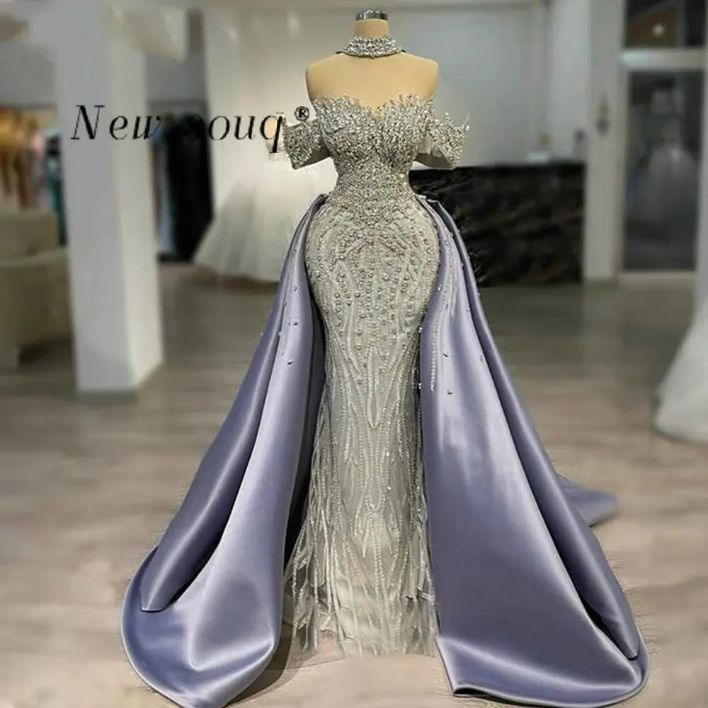 

Dubai Purple Crystals Off Shoulder Evening Dresses with Removable Train Customized Formal Wedding Engagement Party Wear Gowns
