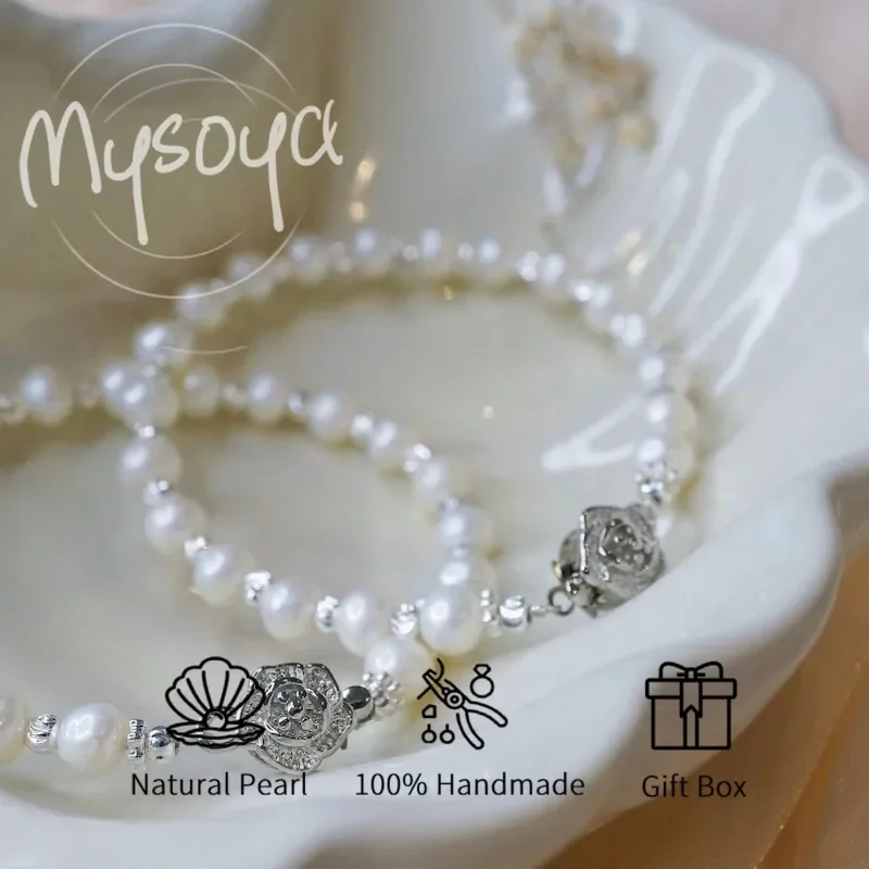 

MYSOYA браслет с белым пресноводным жемчугом и розой 6-7 мм с подарочной коробкой для нее/жу, идеальный день рождения/свадьба/Рождество/новогодние подарки