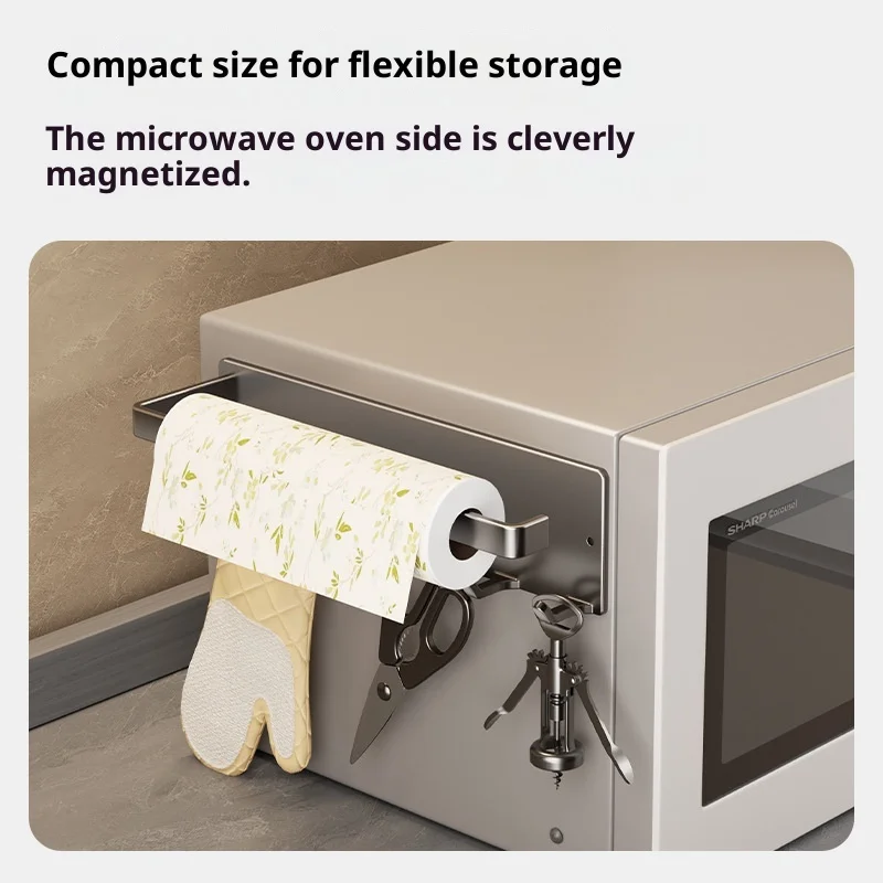 Imagen 4: Portarrollos de Papel Magnético para Refrigerador con 6 Ganchos, Soporte para Rollo de Cocina, Organizador de Refrigerador para Montar en la Pared, Sin Perforaciones, 26 cm