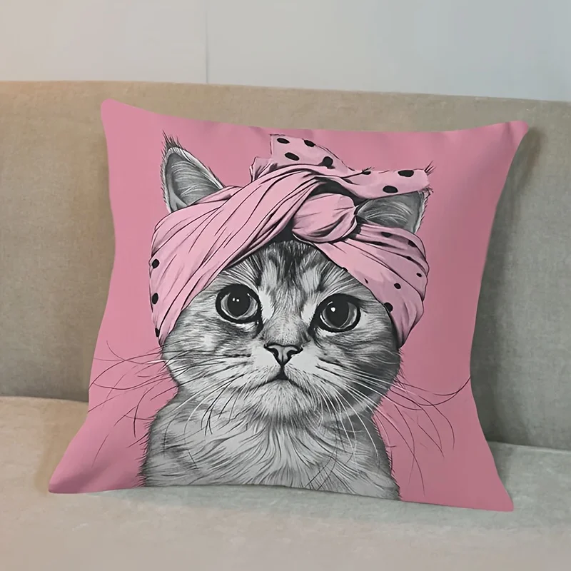 Pink Cat Headband Pillowcase, Double Sided Print Decorative Cushion Cover for Home Sofa Bedroom, No Pillow Insert