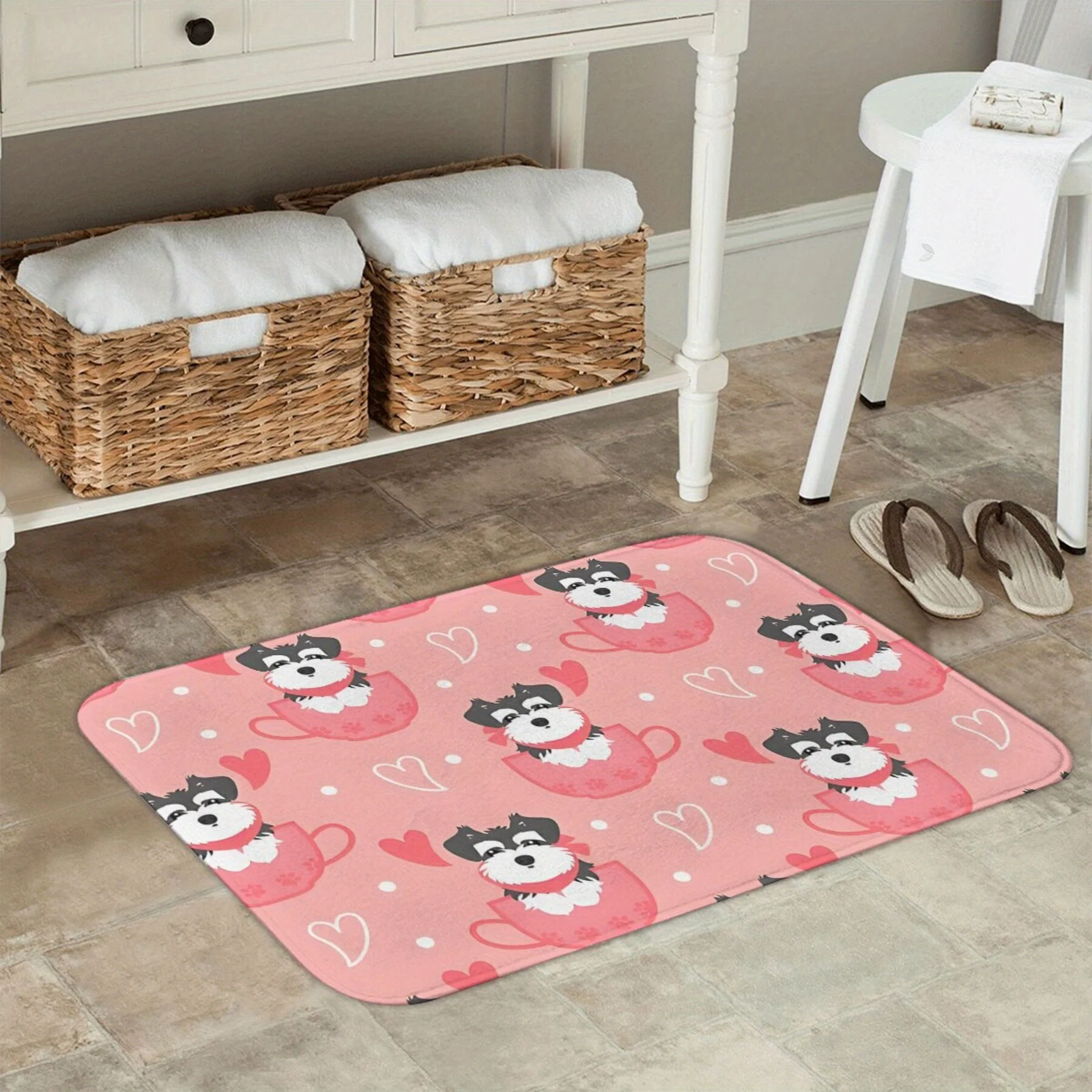 Miniature Schnauzer puppy teacup pattern playmat, polyester fabric, machine washable, suitable for bedroom and living room decor