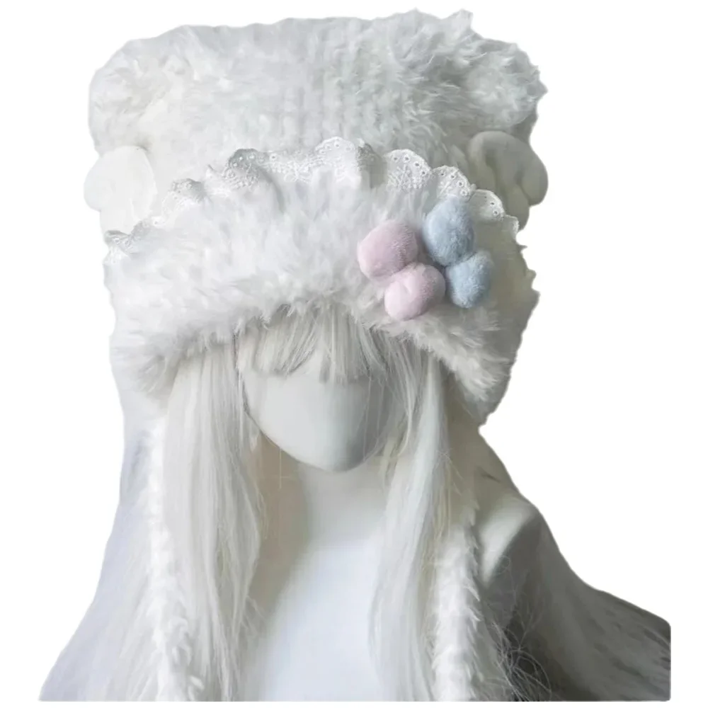 Pink and blue bow-knotted lace trimmed bear-shaped hat for women, a soft and cute winter warm-keeping ear-protection hat.