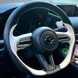 Hand-stitched Black white genuine Leather anti-slip Car Steering Wheel Cover For Mazda CX-30 CX30 Mazda 3 Axela 2020-2023