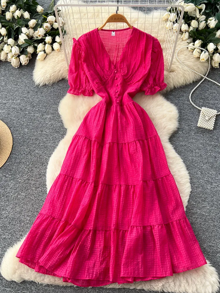 

Новое летнее женское платье А-силуэта с V-образным вырезом, пышными рукавами и открытой спиной, приталенное, многоярусное