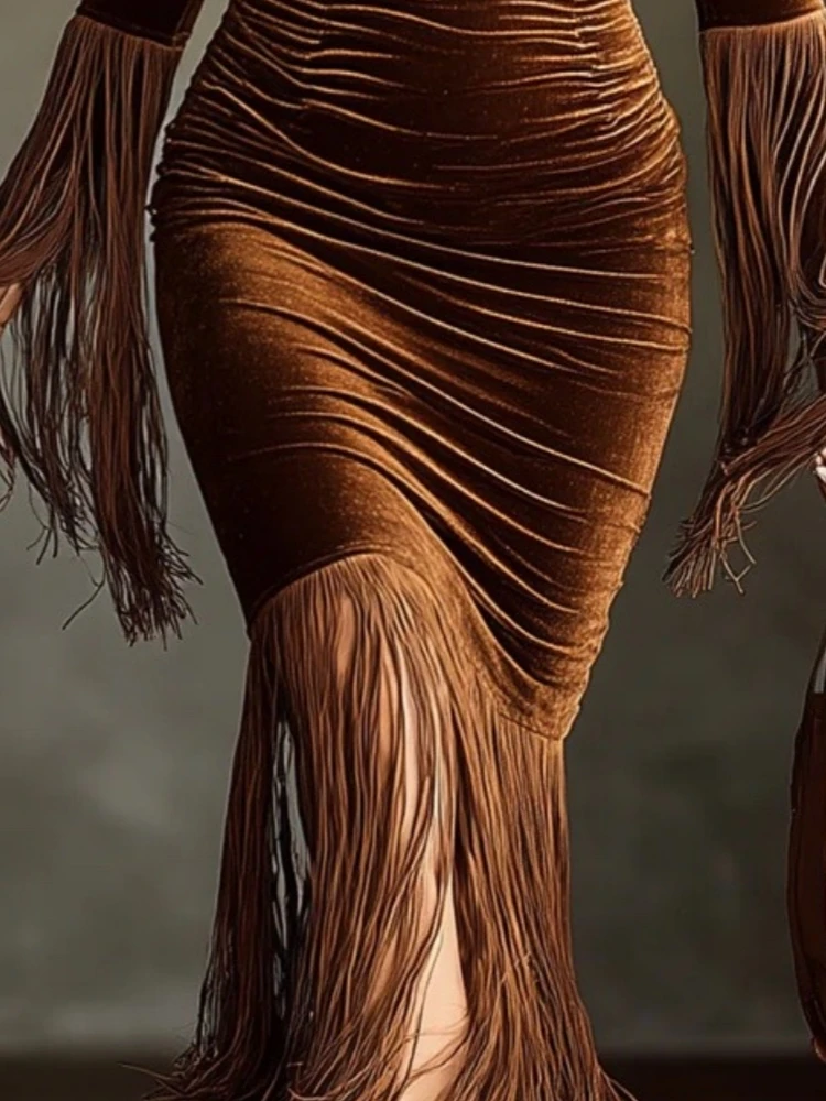 Women Elegant Long Sleeve Bodycon Dress Velvet Turtleneck Cutout Fringe Dress Fashion Tassel Splicing Irregular Party Dress