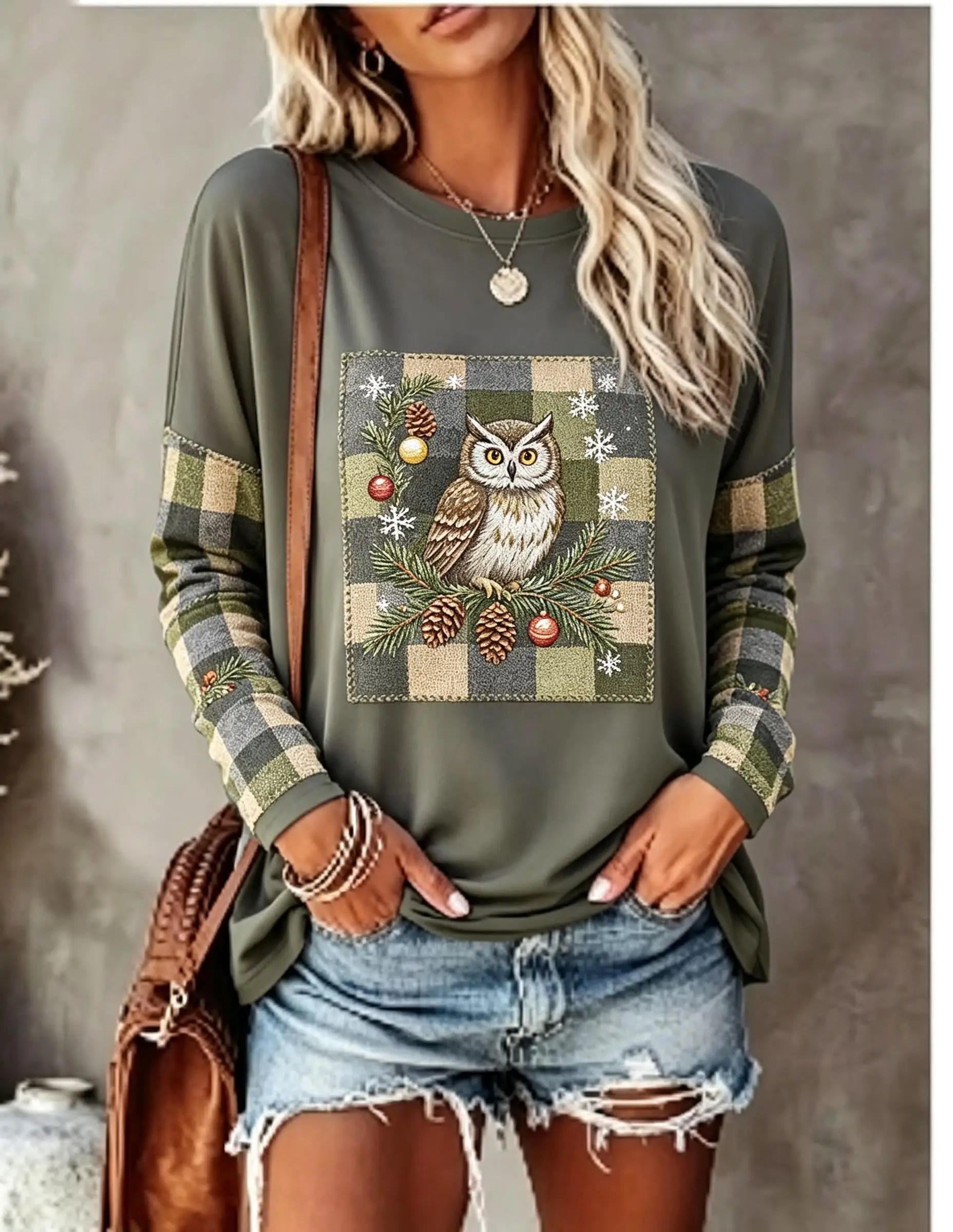 Women Long Sleeve T Shirt Fox Rabbit Patchwork Grid Pinecone Berry Snowflake Print Crew Neck Casual Fall Tops view 3
