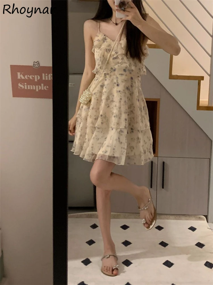 

Floral Dresses Women Summer Sweet Students Casual Trendy Daily Girlish Ulzzang Ruffles Design Sleeveless Elegant Gentle Fashion